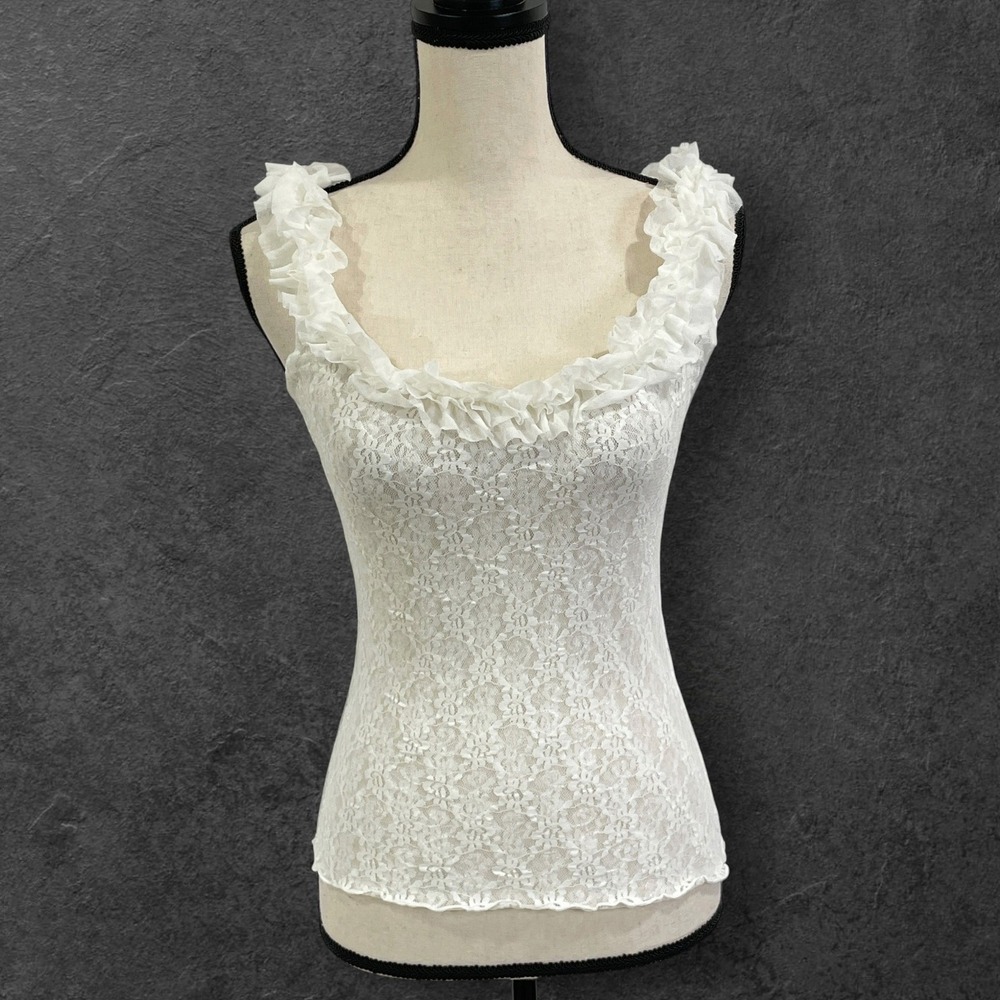 Vintage Y2K Cache Lace Ruffle Camisole Top Womens M Coquette Bridal Romantic